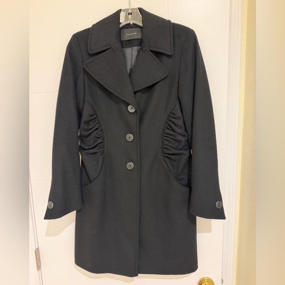 Tahari Black Trench Coat with Ruched Sides